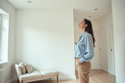 Femme regardant le plafond récemment peint dans un salon moderne