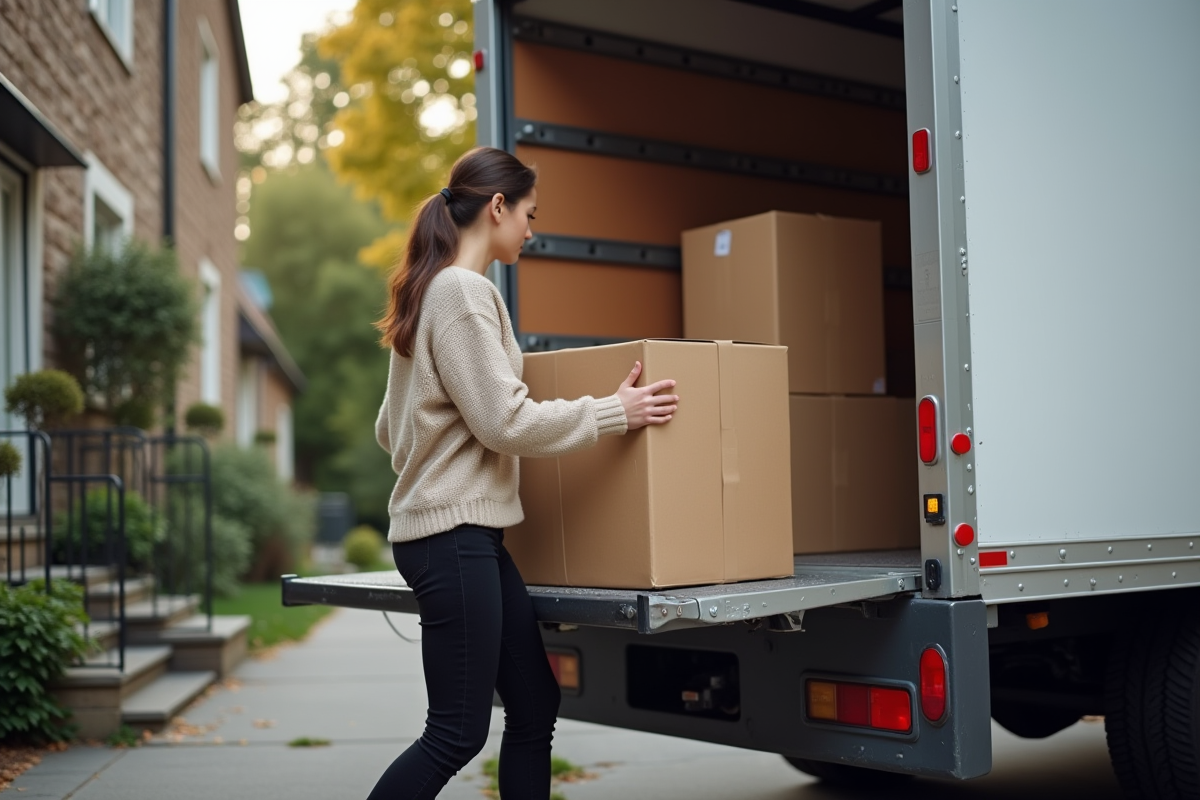 Jeune femme chargeant des cartons dans un camion de location en ville