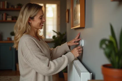 Femme ajustant le thermostat d’un radiateur dans un salon chaleureux
