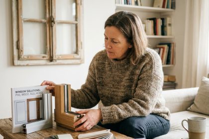Femme comparant des échantillons de fenêtres dans une maison lumineuse