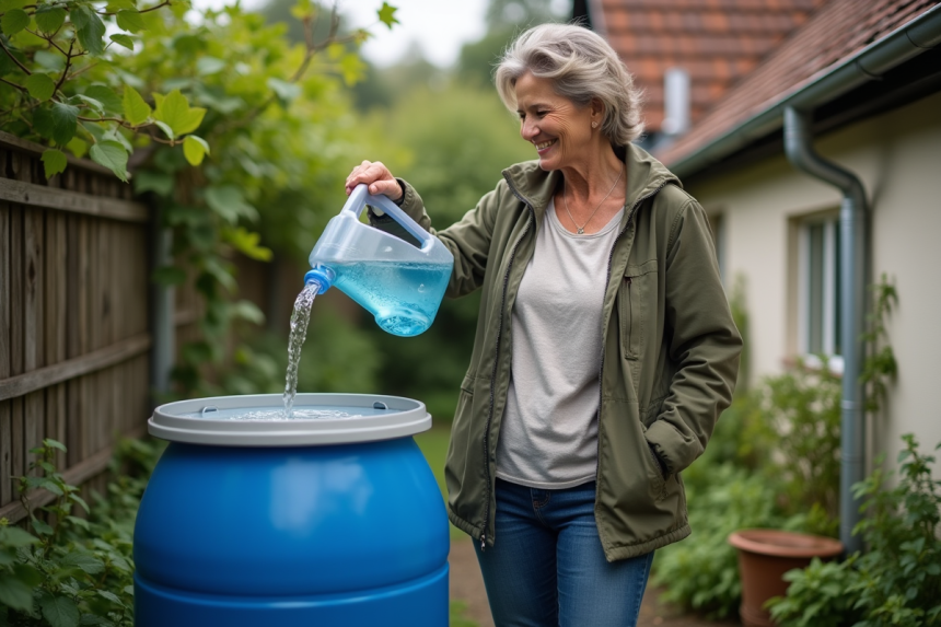 Femme versant de l'eau de pluie dans un filtre à la maison