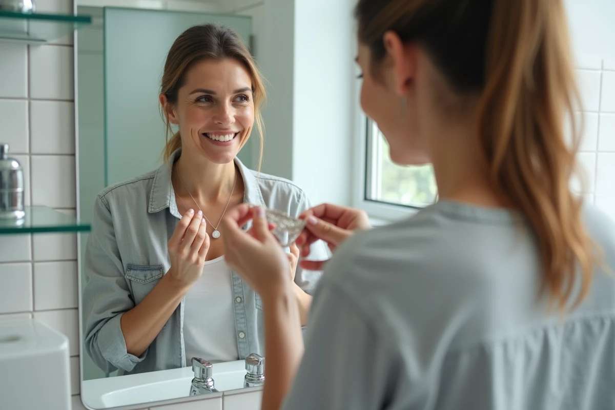 Femme admirant un collier en argent brillant après nettoyage avec un produit spécialisé dans une salle de bain