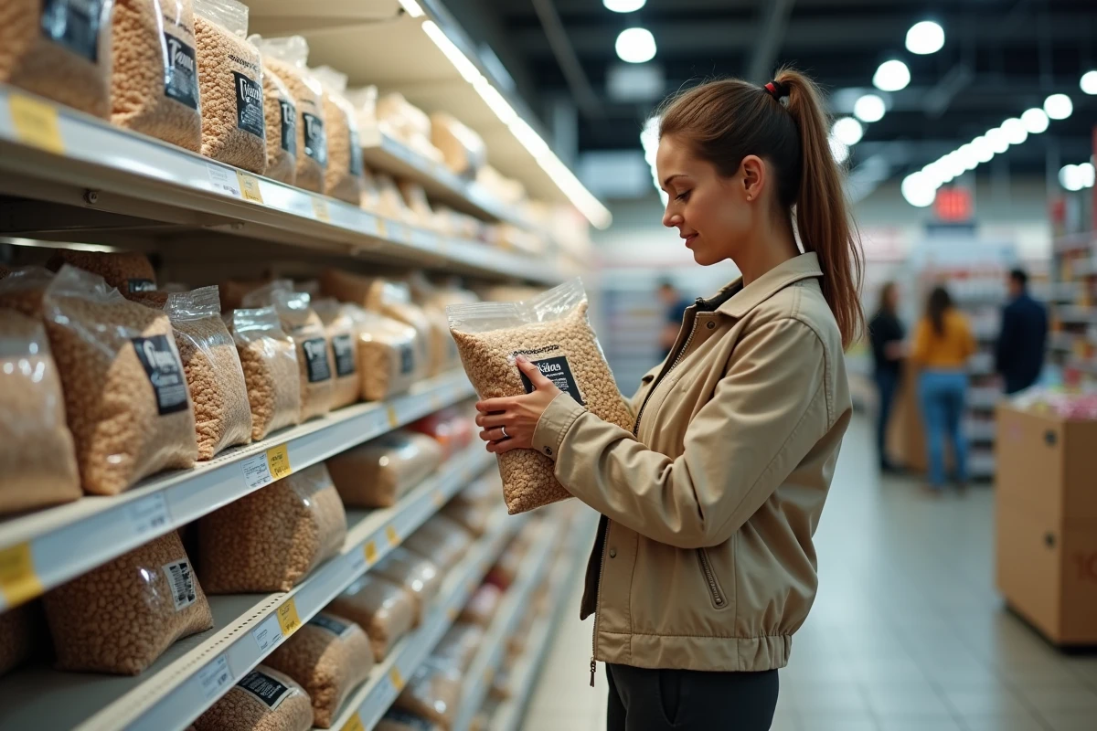 Femme comparant des sacs de pellets de bois dans le rayon d'un supermarché Leclerc
