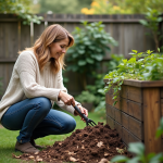 Femme au jardin compostant avec un seau en bois