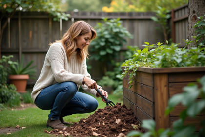 Femme au jardin compostant avec un seau en bois
