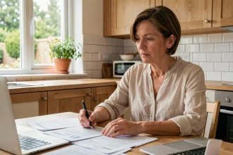 Femme consultant son contrat d'assurance habitation dans une cuisine moderne de maison de 120m2