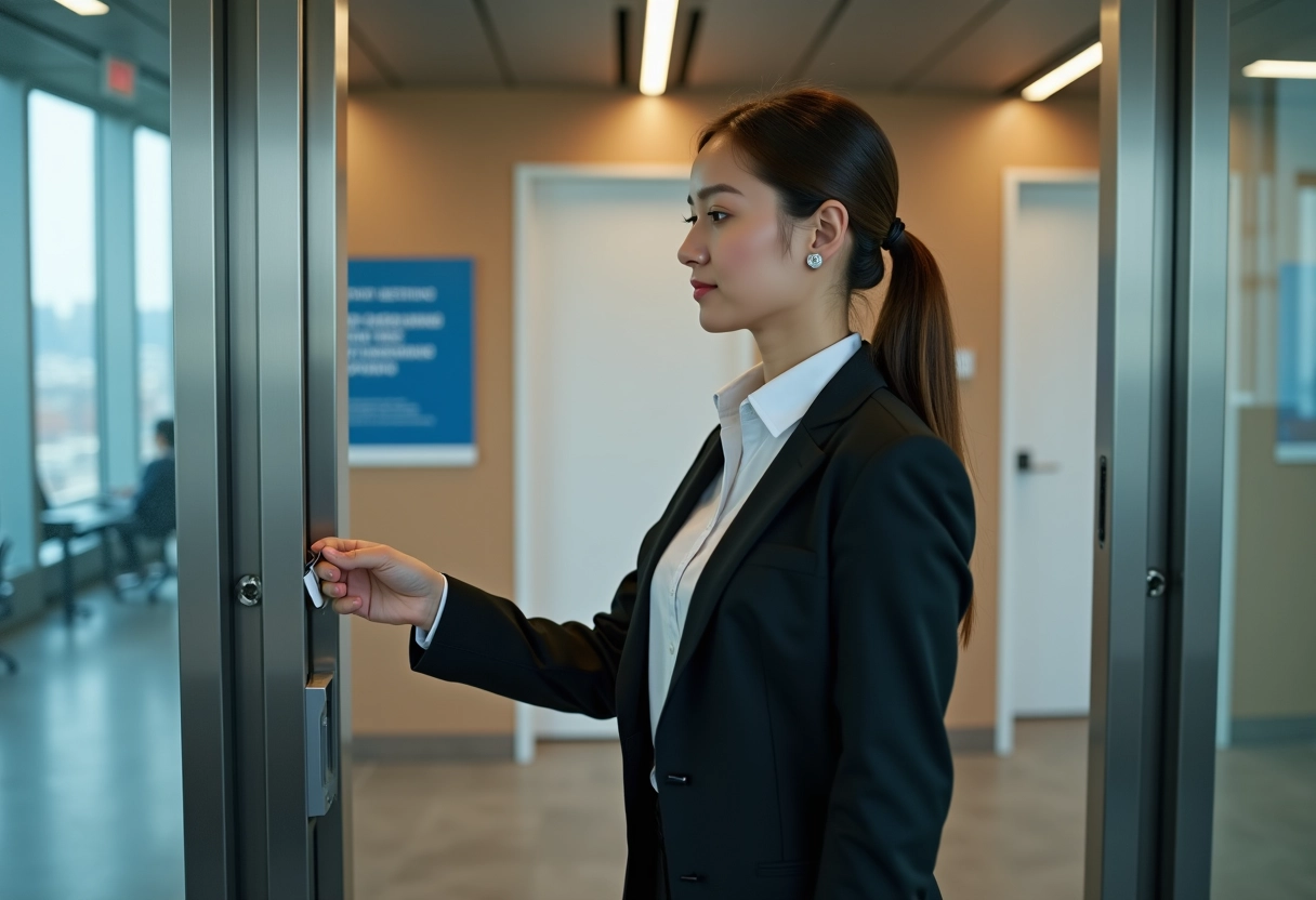 Jeune femme contrôlant son badge d