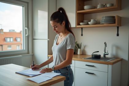 Femme en cuisine vérifiant son budget et courses