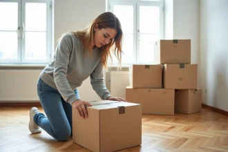 Femme déposant des cartons lors d'un emménagement dans un appartement vide au parquet en bois