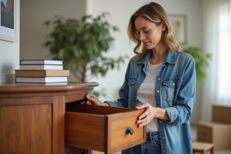 Femme en mouvement déplaçant un tiroir en bois dans un salon lumineux