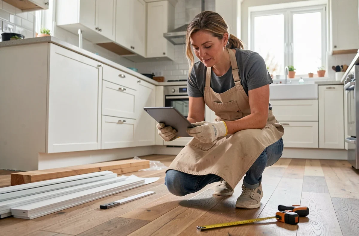 Femme consultant un plan de rénovation sur tablette pendant des travaux de pose de parquet en cuisine