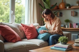 Femme élégante arrangeant des coussins colorés dans un salon moderne
