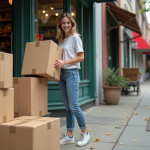 Jeune femme souriante choisissant des cartons dehors