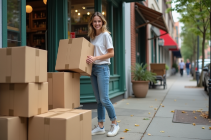 Jeune femme souriante choisissant des cartons dehors