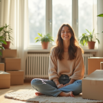 Jeune femme souriante dans un salon lumineux avec cartons et plantes