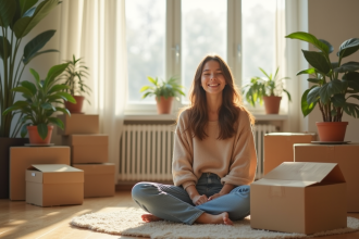 Jeune femme souriante dans un salon lumineux avec cartons et plantes