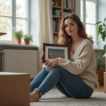 Jeune femme pensant avec photo dans un salon désordonné