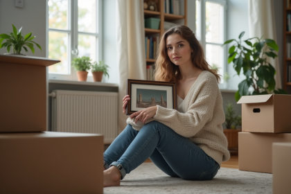 Jeune femme pensant avec photo dans un salon désordonné
