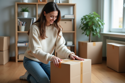 Femme emballant une boîte en carton dans un salon organisé