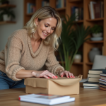Femme emballant des livres dans son salon pour déménagement