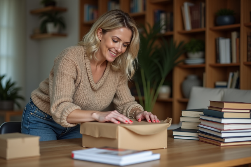 Femme emballant des livres dans son salon pour déménagement