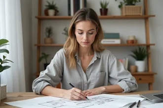 Femme architecte d'intérieur analysant des croquis de plan de maison sur un bureau en bois dans un bureau à domicile moderne