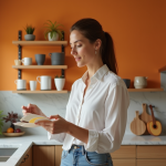 Femme en cuisine examine des échantillons de couleur