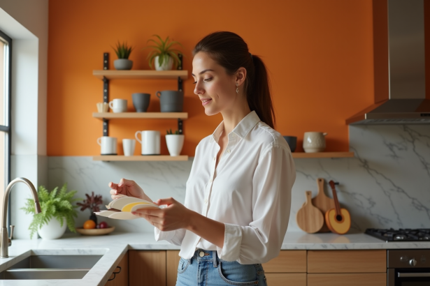 Femme en cuisine examine des échantillons de couleur