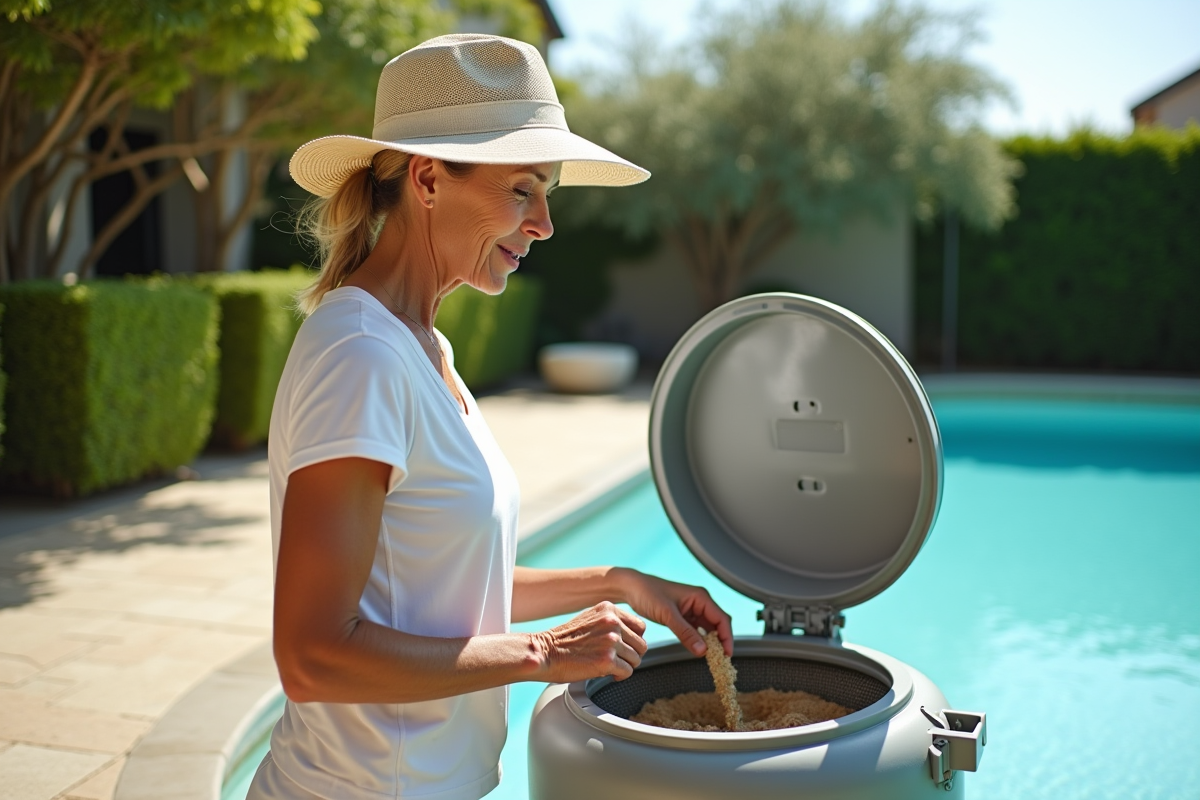 Femme inspectant le filtre à sable de la piscine