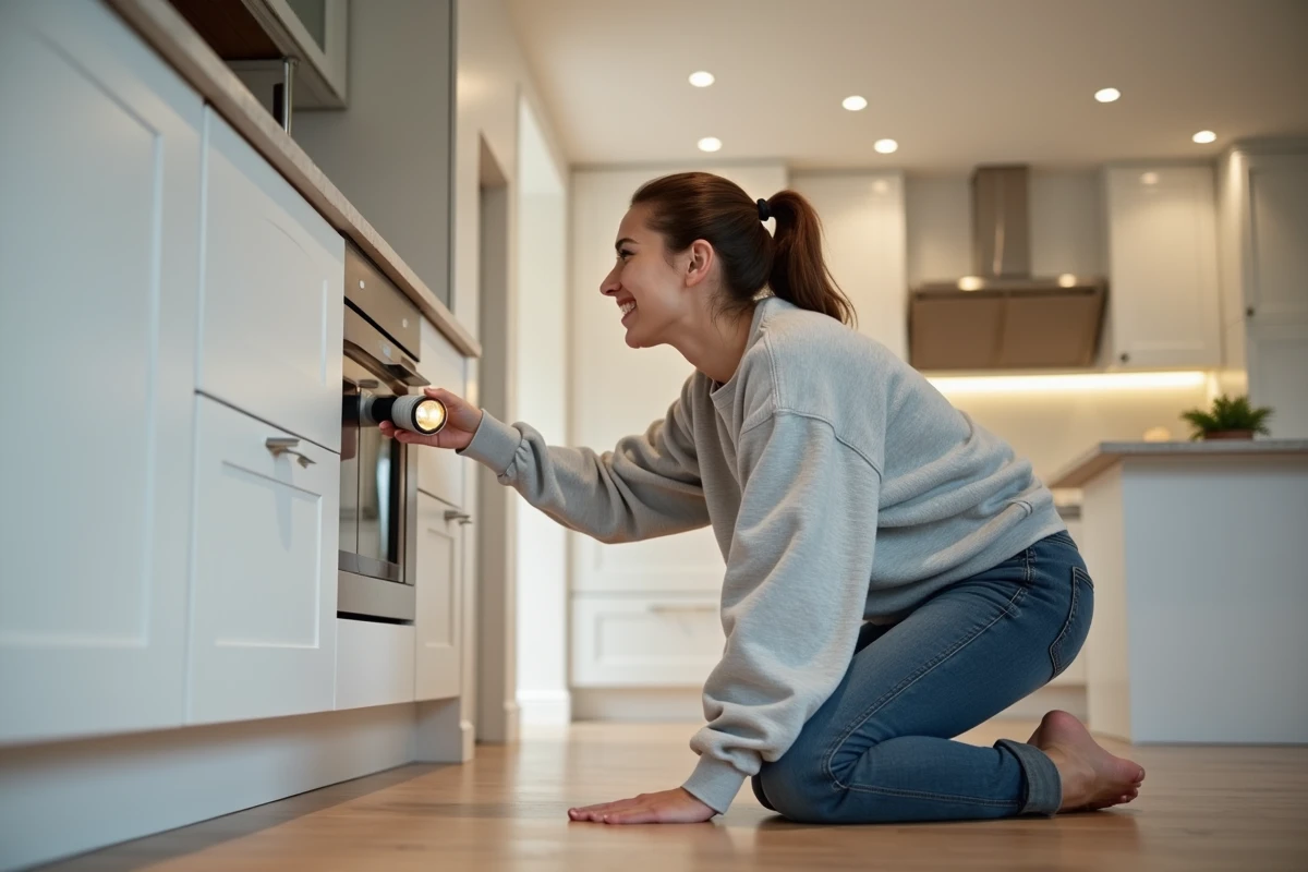 Jeune femme installant un spot LED dans la cuisine moderne