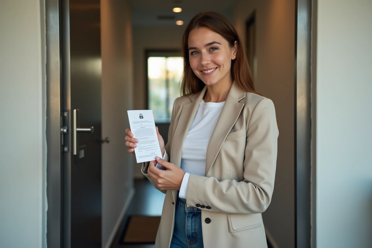 Jeune femme souriante tenant une facture de serrurerie dans un appartement moderne