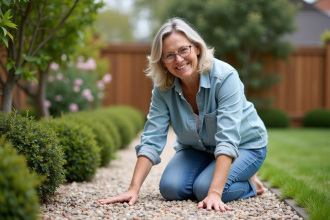 Femme souriante touchant le gravier dans le jardin