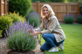 Femme d'âge moyen dans un jardin en train de toucher la lavande