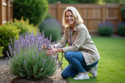 Femme d'âge moyen dans un jardin en train de toucher la lavande