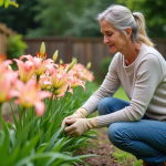 Femme au jardin examinant des lys asiatiques en fleurs