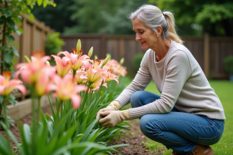 Femme au jardin examinant des lys asiatiques en fleurs