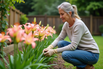 Femme au jardin examinant des lys asiatiques en fleurs