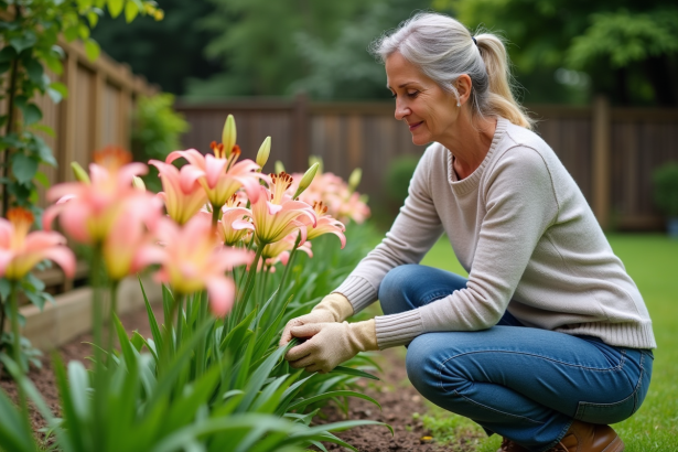 Femme au jardin examinant des lys asiatiques en fleurs