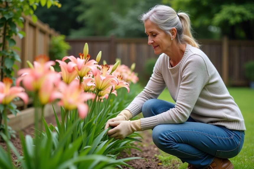 Femme au jardin examinant des lys asiatiques en fleurs