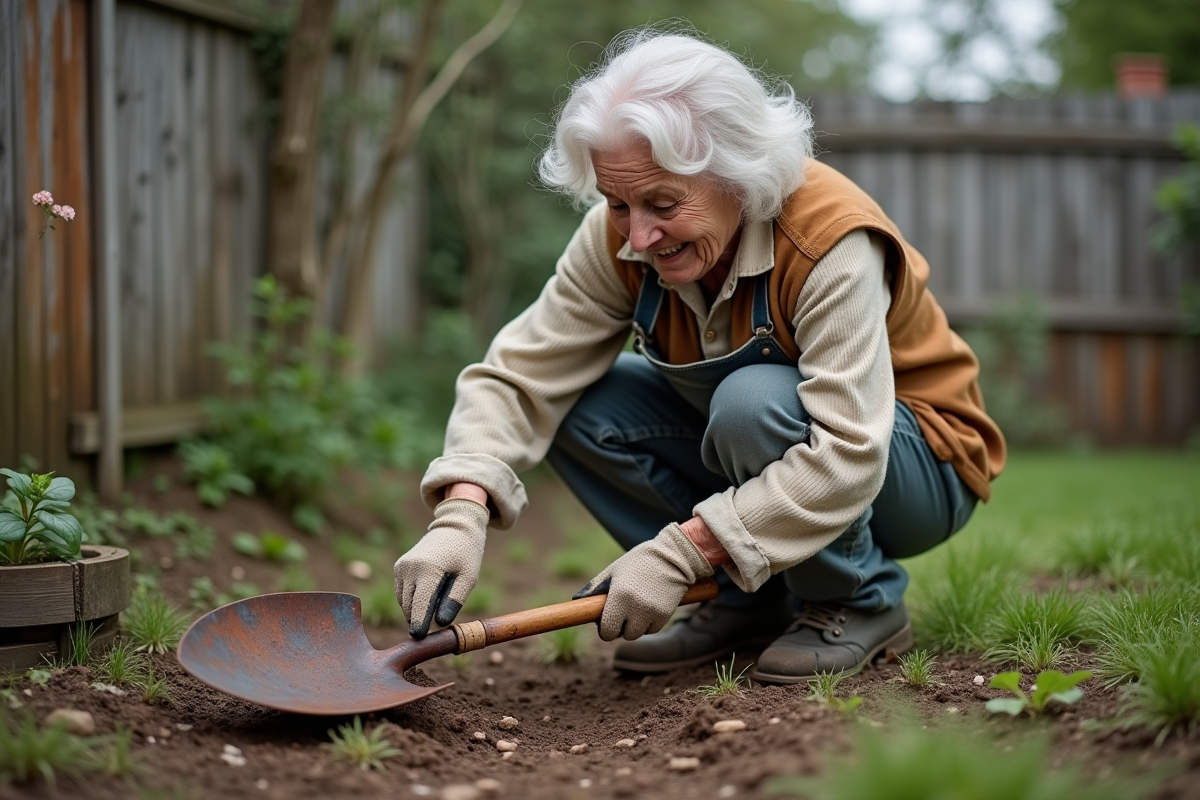 Femme âgée nettoyant une pelle rouillée dans le jardin