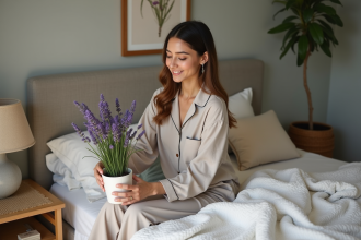 Jeune femme arrangeant une lavande dans sa chambre cocooning
