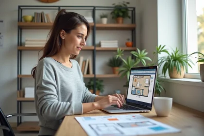 Femme utilisant un logiciel de plan 3D de salle de bain sur ordinateur portable dans un bureau à domicile