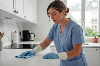 Femme de ménage professionnelle nettoyant un plan de travail dans un appartement moderne à Longjumeau