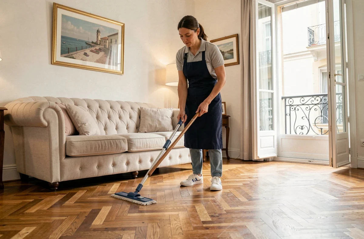Professionnelle du ménage en tablier marine lavant le parquet d'un salon élégant à La Rochelle