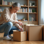 Femme mesurant un carton dans un salon lumineux
