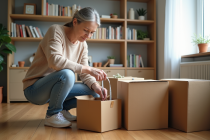 Femme mesurant un carton dans un salon lumineux