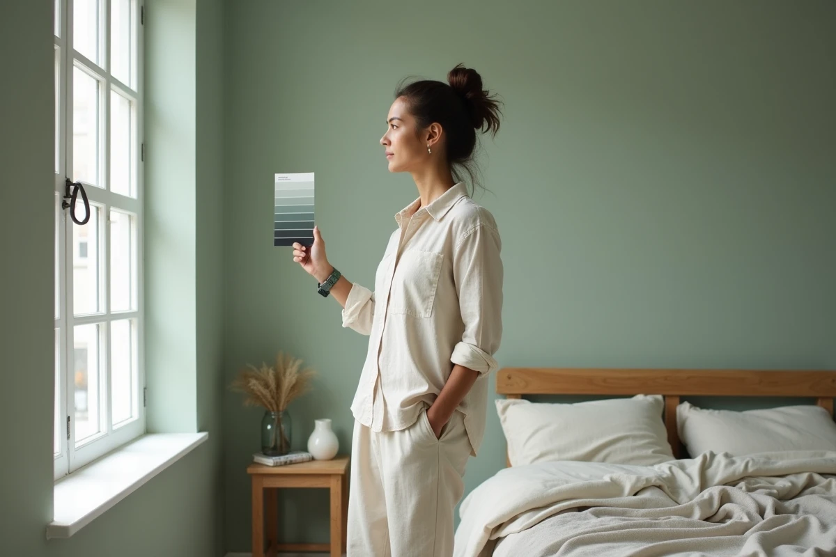 Femme comparant des nuanciers de peinture verte dans une chambre adulte lumineuse