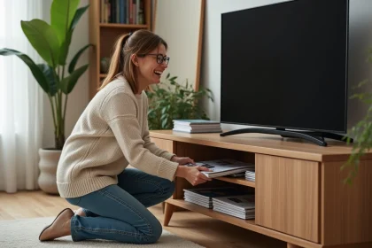 Femme arrangeant des magazines près d'un meuble TV en coin