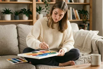 Femme adulte peignant un tableau numéroté sur son canapé, activité créative anti-stress à la maison