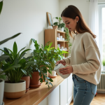 Femme arrosant plantes d'intérieur dans un salon lumineux